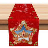 Aperturee - Aperturee Merry Christmas Star Gingerbread House Table Runner Red Holiday Dining Table Decorations