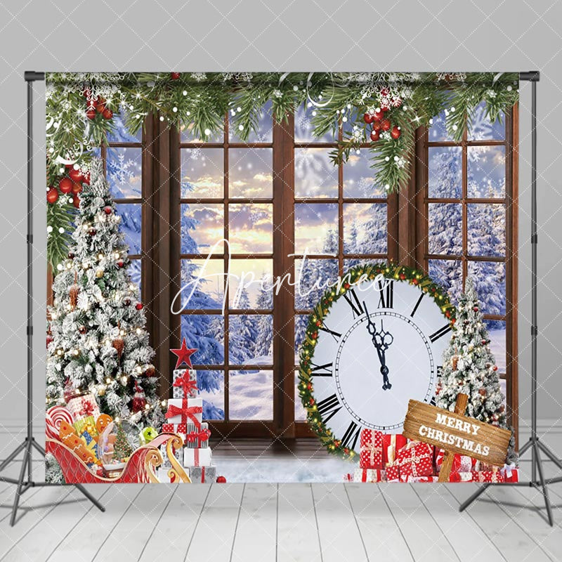 Aperturee - Aperturee Merry Christmas Window Snowy Clock Xmas Backdrop