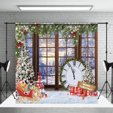 Aperturee - Aperturee Merry Christmas Window Snowy Clock Xmas Backdrop
