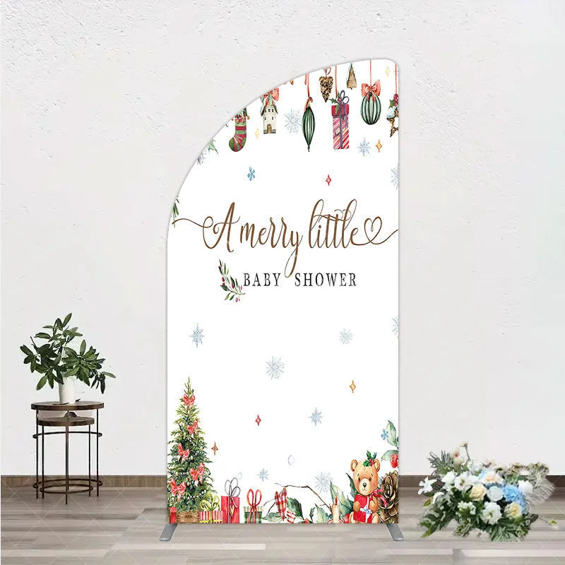 Aperturee - Aperturee Merry Little Baby Shower Half Moon Arch Backdrop Christmas Tree Bear Party Decoration Winter Holiday Ornament