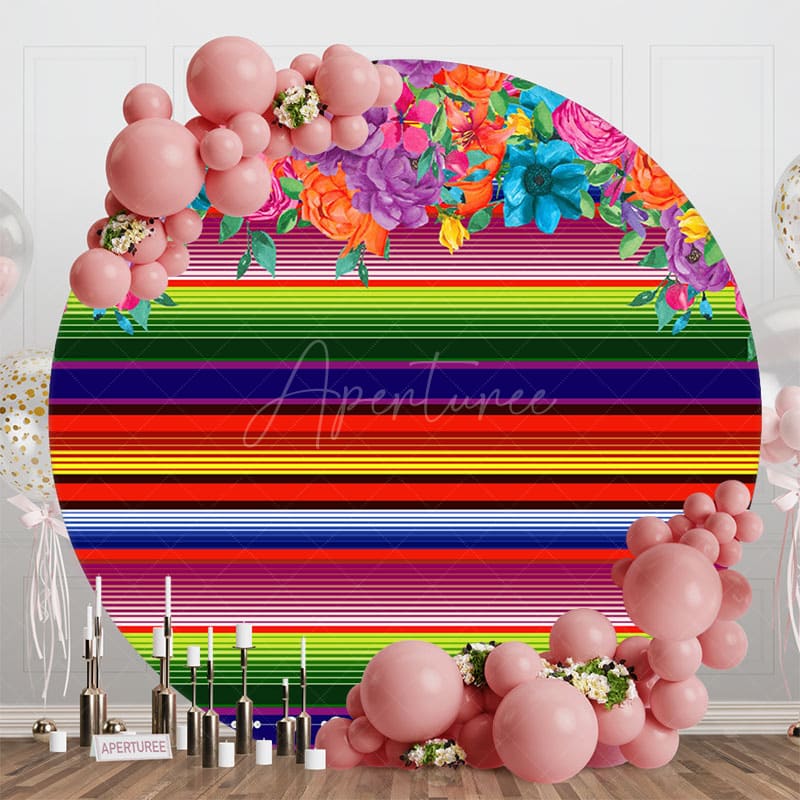 Aperturee - Aperturee Mexican Color Stripes Floral Round Party Backdrop