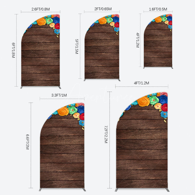 Aperturee - Aperturee Mexican Colorful Floral Wooden Birthday Half Moon Arch Backdrop