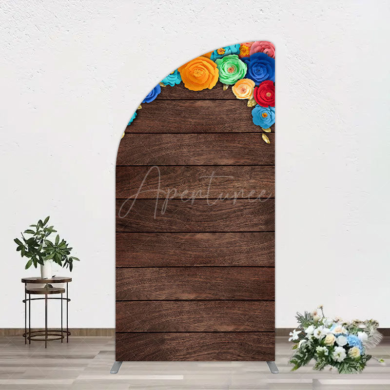 Aperturee - Aperturee Mexican Colorful Floral Wooden Birthday Half Moon Arch Backdrop