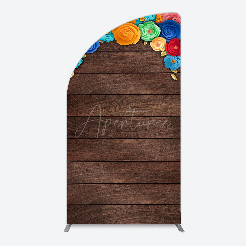 Aperturee - Aperturee Mexican Colorful Floral Wooden Birthday Half Moon Arch Backdrop