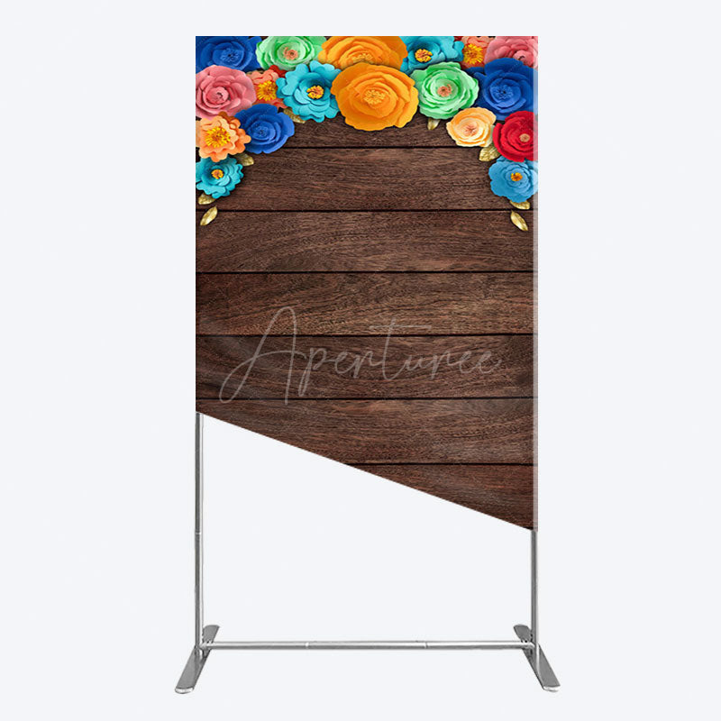 Aperturee - Aperturee Mexican Colorful Floral Wooden Birthday Rectangle Backdrop