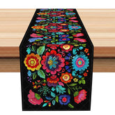 Aperturee - Aperturee Mexican Embroidery Floral Table Runner on Black Colorful Fiesta Otomi Style Cinco de Mayo Party Decor