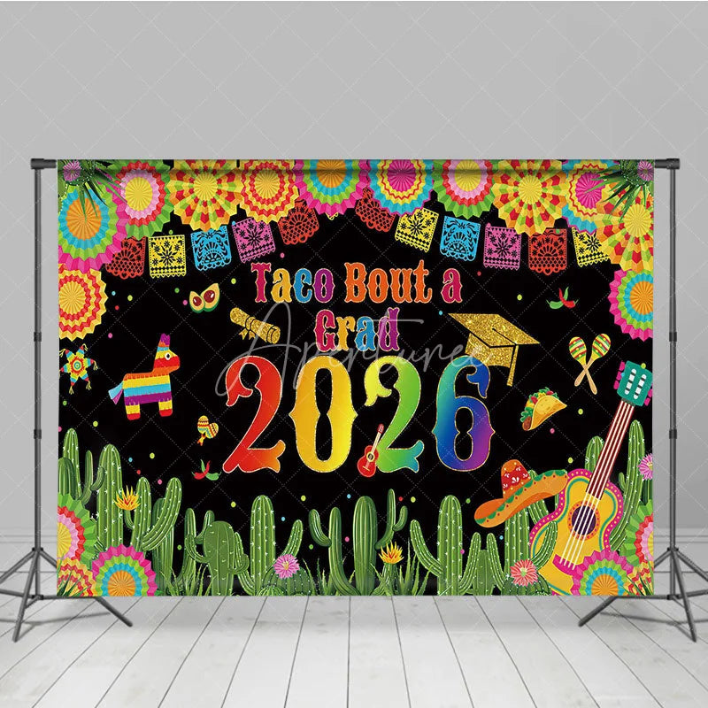 Aperturee - Aperturee Mexican Fiesta Taco Bout a Grad 2026 Backdrop Colorful Cactus and Pinata Party Decor