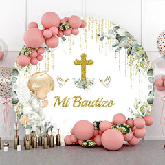 Aperturee - Aperturee Mi Bautizo Round Backdrop Gold Cross Angel Boy Greenery Baptism Decor
