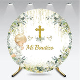 Aperturee - Aperturee Mi Bautizo Round Backdrop Gold Cross Angel Boy Greenery Baptism Decor