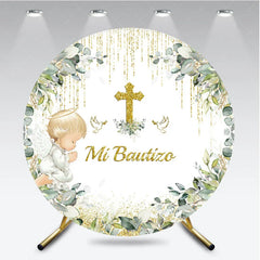 Aperturee - Aperturee Mi Bautizo Round Backdrop Gold Cross Angel Boy Greenery Baptism Decor