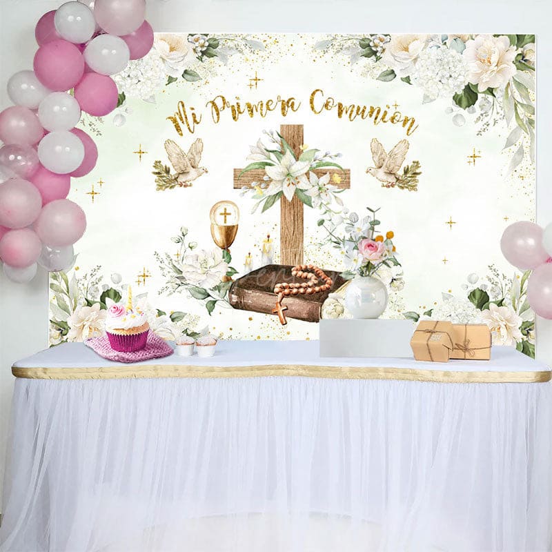 Aperturee - Aperturee Mi Primera Comunion Plant Floral Baptism Backdrop