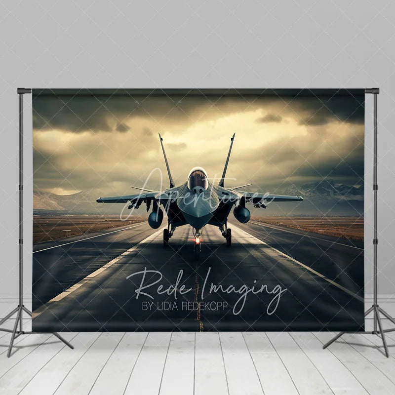 Aperturee - Aperturee Military Aviation Jet Backdrop Cloudy Mountain Runway Photography Background for Boy Birthday Party Decor
