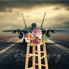 Aperturee - Aperturee Military Aviation Jet Backdrop Cloudy Mountain Runway Photography Background for Boy Birthday Party Decor