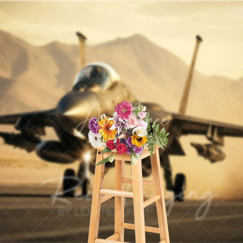 Aperturee - Aperturee Military Fighter Jet on Runway Backdrop Desert Mountain Sunset Aviation Background for Boy Room