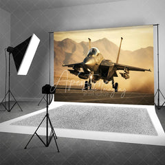 Aperturee - Aperturee Military Fighter Jet on Runway Backdrop Desert Mountain Sunset Aviation Background for Boy Room