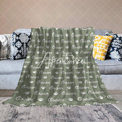 Aperturee - Aperturee Military Green White Paw Print Custom Name Blanket