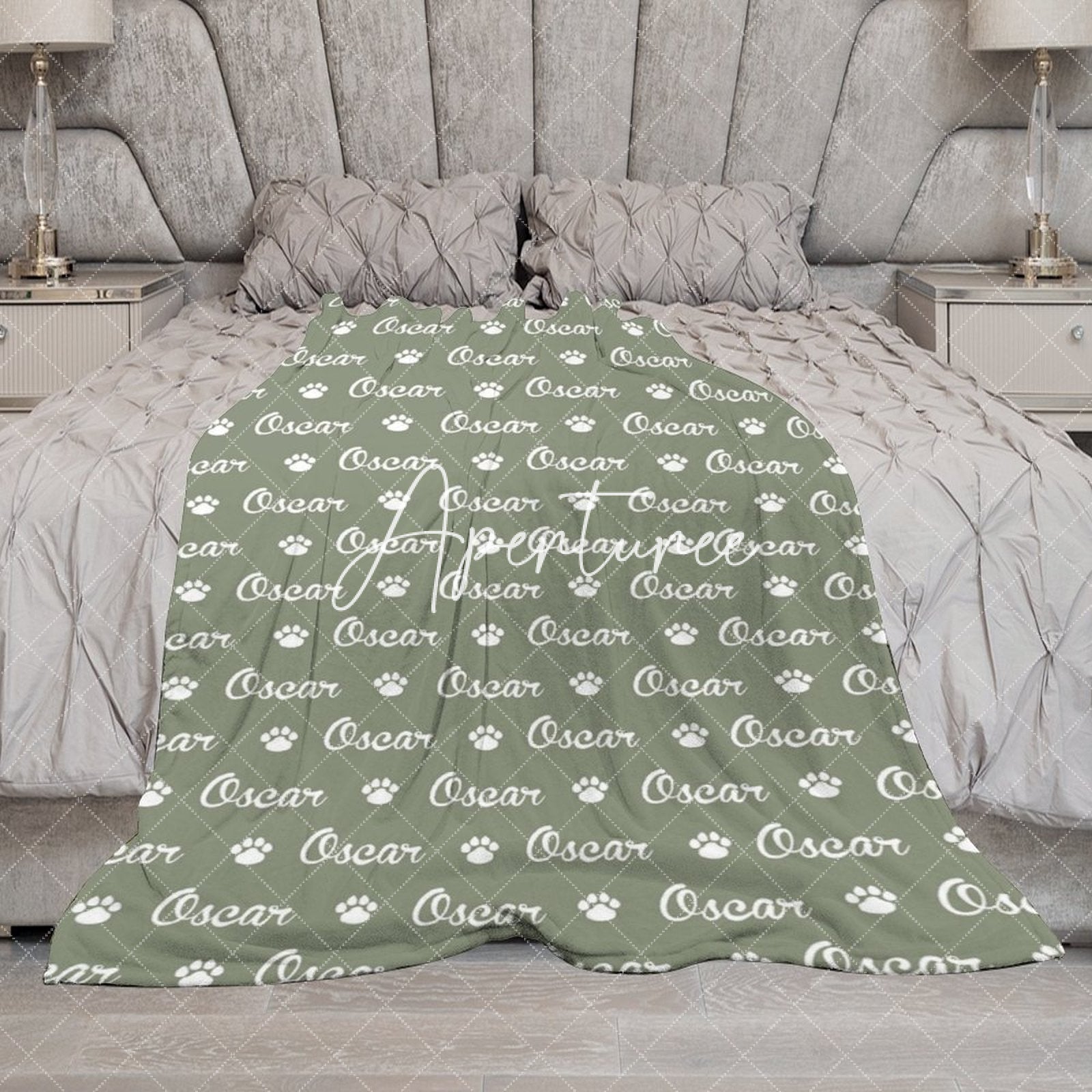 Aperturee - Aperturee Military Green White Paw Print Custom Name Blanket