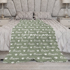 Aperturee - Aperturee Military Green White Paw Print Custom Name Blanket