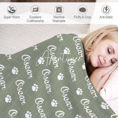 Aperturee - Aperturee Military Green White Paw Print Custom Name Blanket