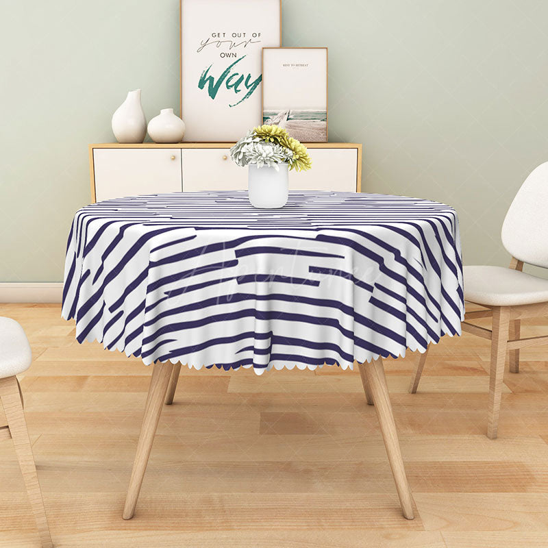 Aperturee - Aperturee Minimalist Blue and White Stripe Round Tablecloth for Modern Farmhouse and Coastal Kitchen Decor