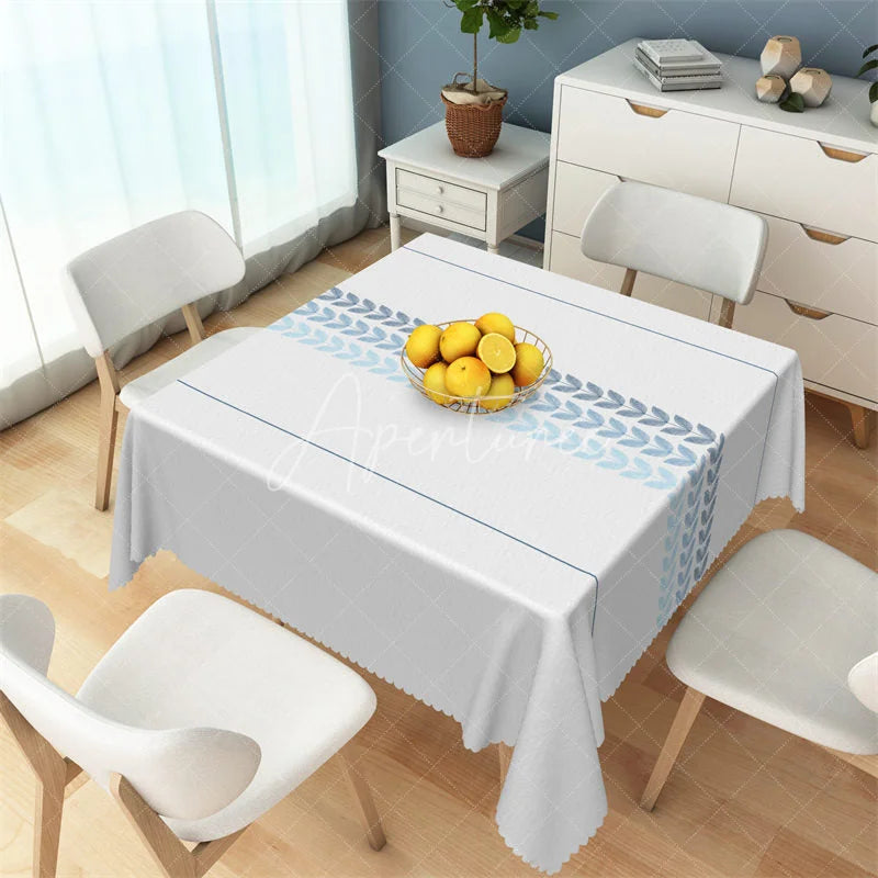 Aperturee - Aperturee Minimalist Blue Leaf Band Rectangle Tablecloth White Scandi Style Pattern Table Cover for Dining