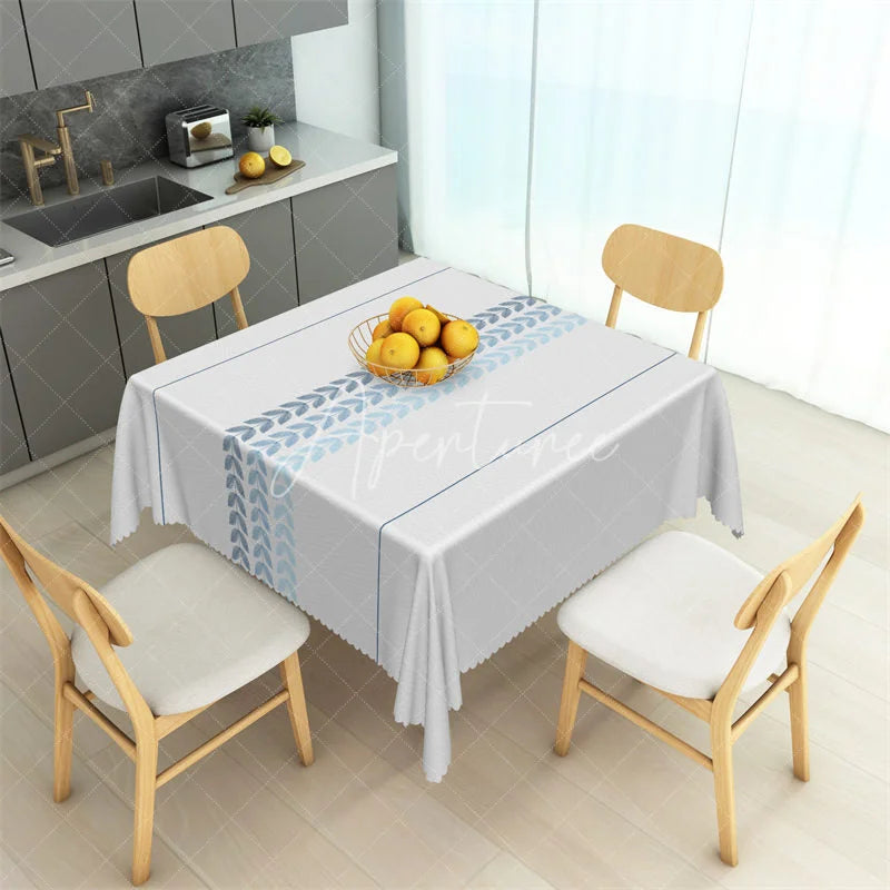 Aperturee - Aperturee Minimalist Blue Leaf Band Rectangle Tablecloth White Scandi Style Pattern Table Cover for Dining