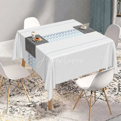 Aperturee - Aperturee Minimalist Blue Leaf Band Rectangle Tablecloth White Scandi Style Pattern Table Cover for Dining