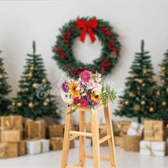 Aperturee - Aperturee Minimalist Christmas Photography Backdrop Clean White Wall with Red Wreath Modern Holiday Photo Background