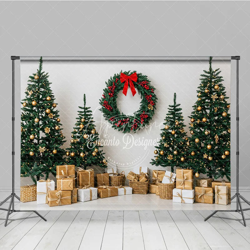 Aperturee - Aperturee Minimalist Christmas Photography Backdrop Clean White Wall with Red Wreath Modern Holiday Photo Background