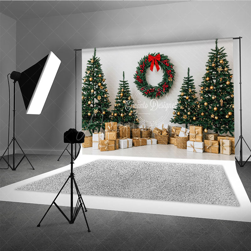 Aperturee - Aperturee Minimalist Christmas Photography Backdrop Clean White Wall with Red Wreath Modern Holiday Photo Background