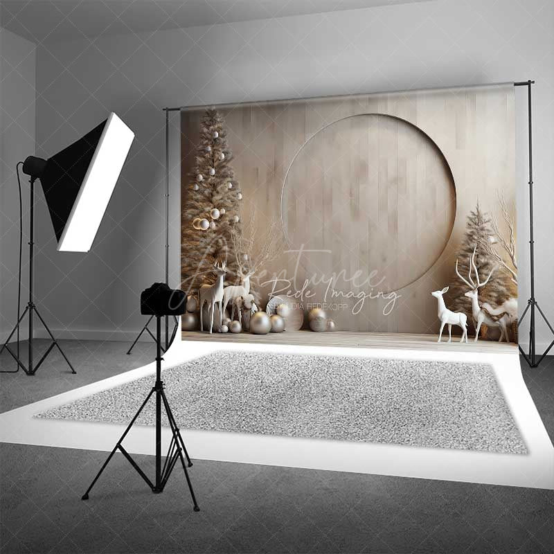Aperturee Aperturee Minimalist Christmas Photography Backdrop Modern Wood Wall with White Reindeer Neutral Holiday Studio Photo Prop