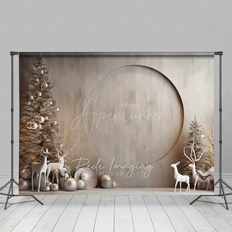 Aperturee Aperturee Minimalist Christmas Photography Backdrop Modern Wood Wall with White Reindeer Neutral Holiday Studio Photo Prop