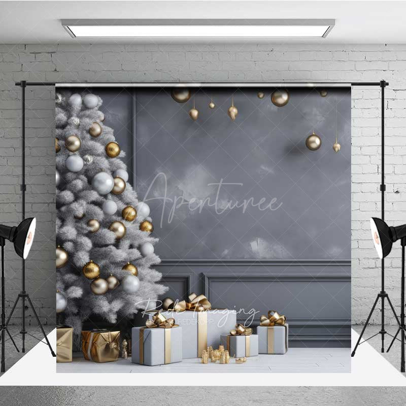 Aperturee Aperturee Minimalist Christmas Photography Backdrop White Tree with Gold Ornaments Modern Gray Wall Holiday Photo Prop