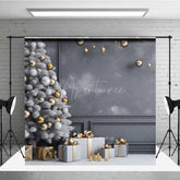 Aperturee Aperturee Minimalist Christmas Photography Backdrop White Tree with Gold Ornaments Modern Gray Wall Holiday Photo Prop