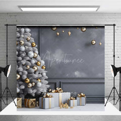 Aperturee Aperturee Minimalist Christmas Photography Backdrop White Tree with Gold Ornaments Modern Gray Wall Holiday Photo Prop