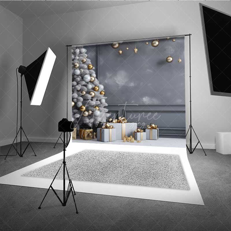 Aperturee Aperturee Minimalist Christmas Photography Backdrop White Tree with Gold Ornaments Modern Gray Wall Holiday Photo Prop