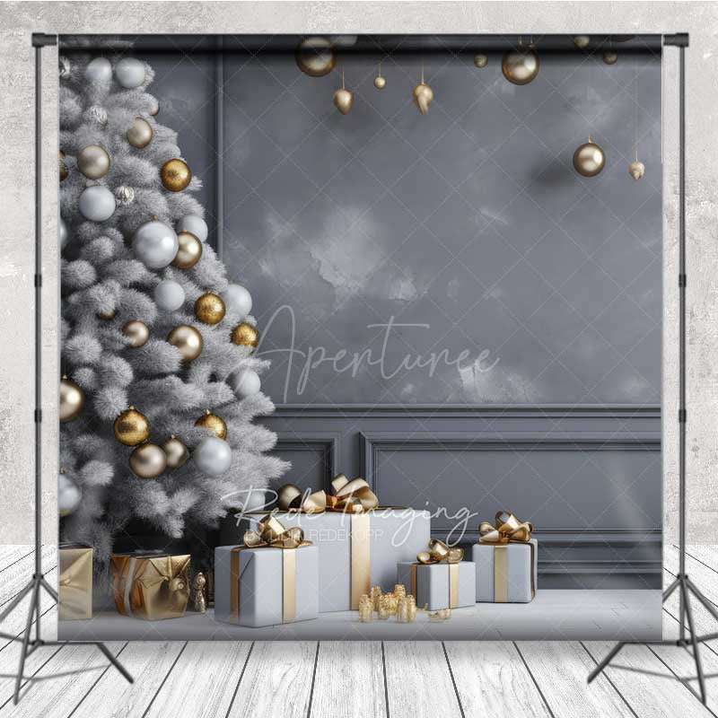 Aperturee Aperturee Minimalist Christmas Photography Backdrop White Tree with Gold Ornaments Modern Gray Wall Holiday Photo Prop