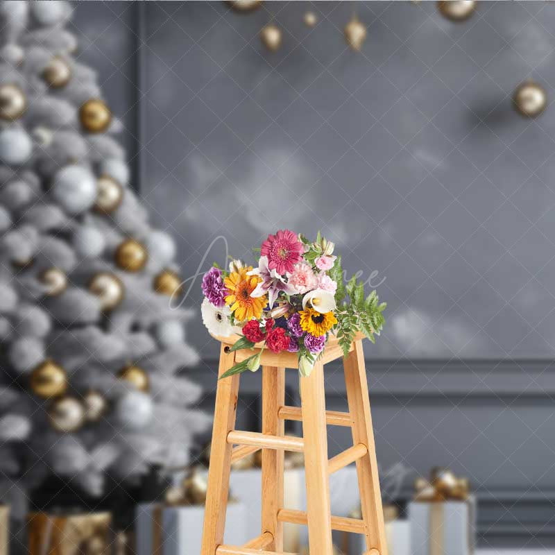 Aperturee Aperturee Minimalist Christmas Photography Backdrop White Tree with Gold Ornaments Modern Gray Wall Holiday Photo Prop