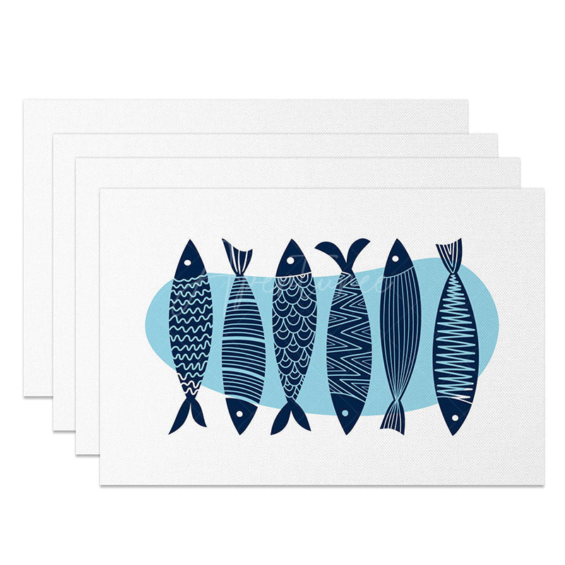 Aperturee - Aperturee Minimalist Fish Pattern Placemats Set of 4 with Blue Water Design for Coastal and Modern Dining