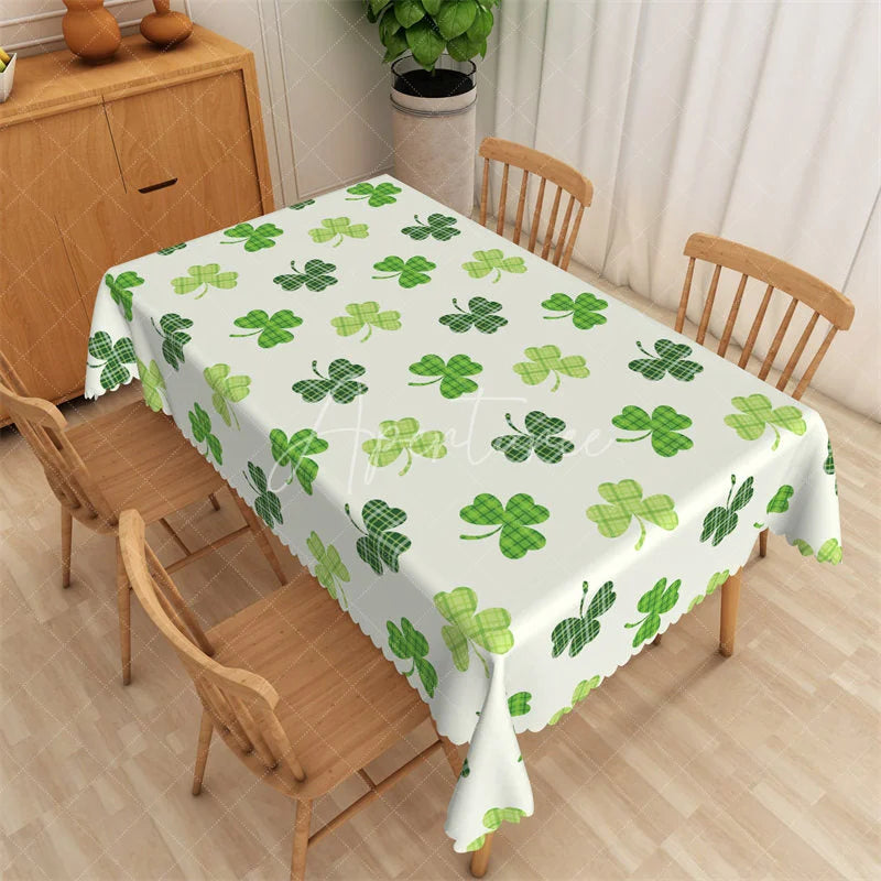 Aperturee - Aperturee Minimalist Geometric Green Grid Rectangle Tablecloth Modern Clover St Patricks Day Table Cover