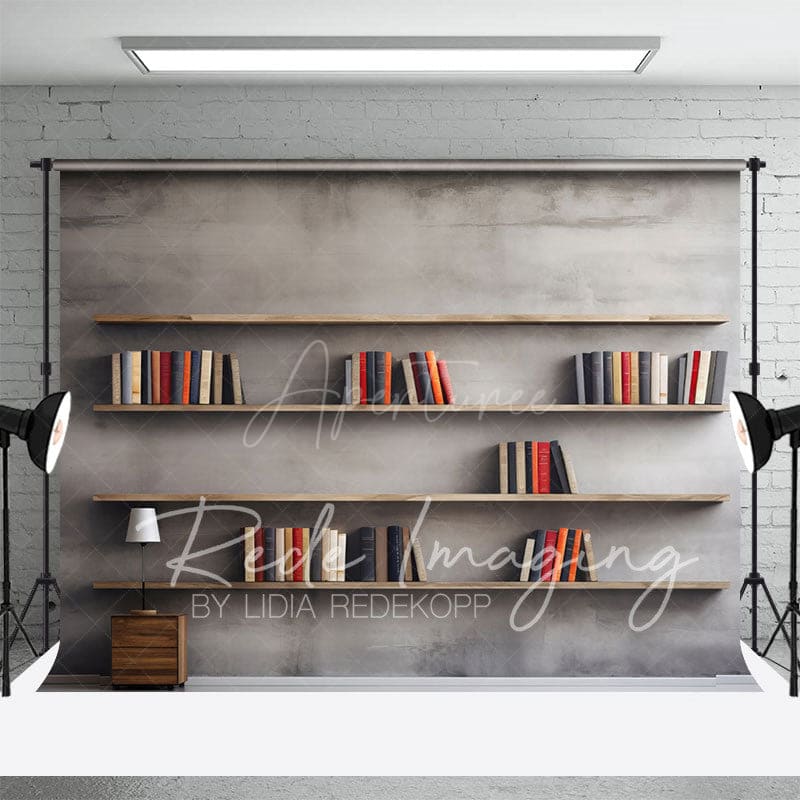 Aperturee - Aperturee Minimalist Grey Wall Dark Room Bookshelf Backdrop