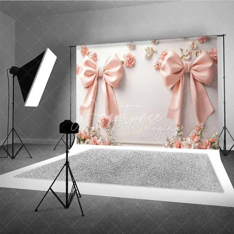 Aperturee - Aperturee Minimalist Pink Bow Floral Photography Backdrop White Wall Wedding Decoration Background