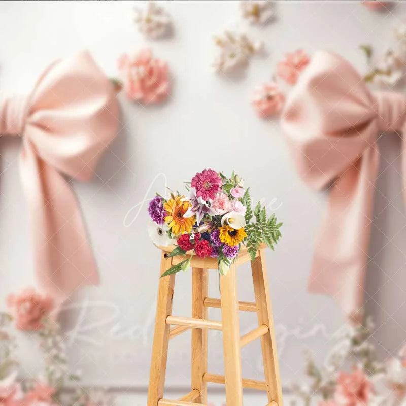 Aperturee - Aperturee Minimalist Pink Bow Floral Photography Backdrop White Wall Wedding Decoration Background