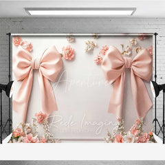 Aperturee - Aperturee Minimalist Pink Bow Floral Photography Backdrop White Wall Wedding Decoration Background