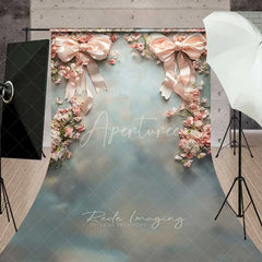 Aperturee - Aperturee Minimalist Pink Bow Floral Sweep Photography Backdrop White Wall Wedding Decoration Grey Floor Photo Prop