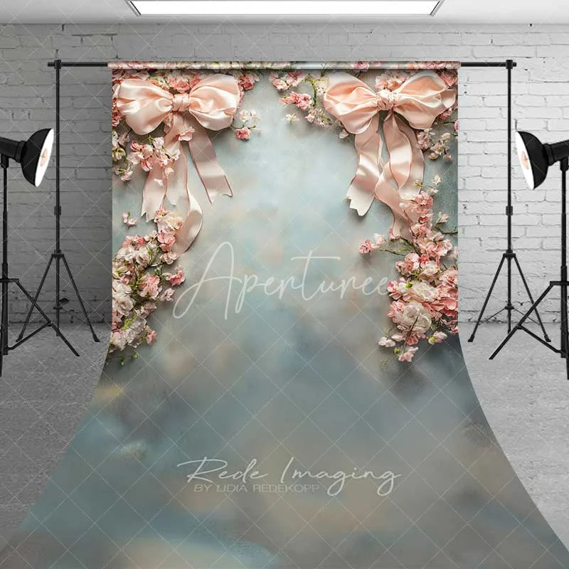 Aperturee - Aperturee Minimalist Pink Bow Floral Sweep Photography Backdrop White Wall Wedding Decoration Grey Floor Photo Prop