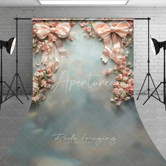 Aperturee - Aperturee Minimalist Pink Bow Floral Sweep Photography Backdrop White Wall Wedding Decoration Grey Floor Photo Prop