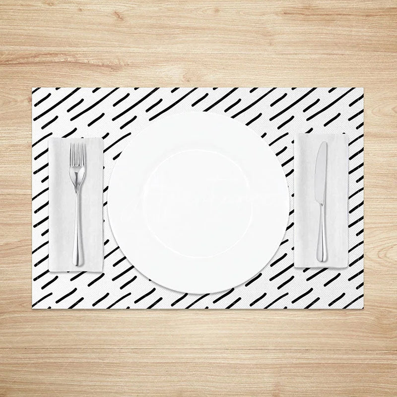 Aperturee - Aperturee Minimalist White and Black Lines Dining Set of 4 Placemats for Modern Geometric and Scandinavian Kitchen