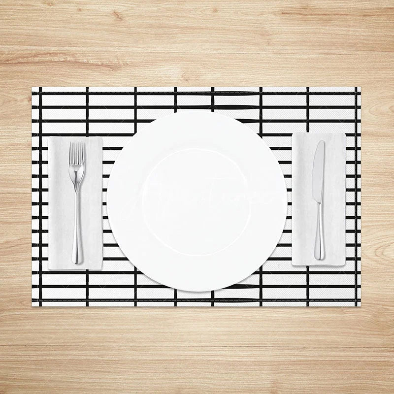 Aperturee - Aperturee Minimalist White and Black Plaid Print Set of 4 Placemats for Modern Farmhouse and Scandinavian Decor