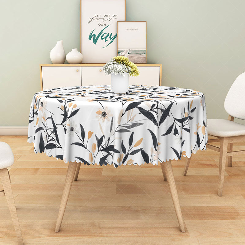 Aperturee - Aperturee Minimalist White Round Tablecloth with Leaf and Floral Line Art for Modern Botanical Dining Decor